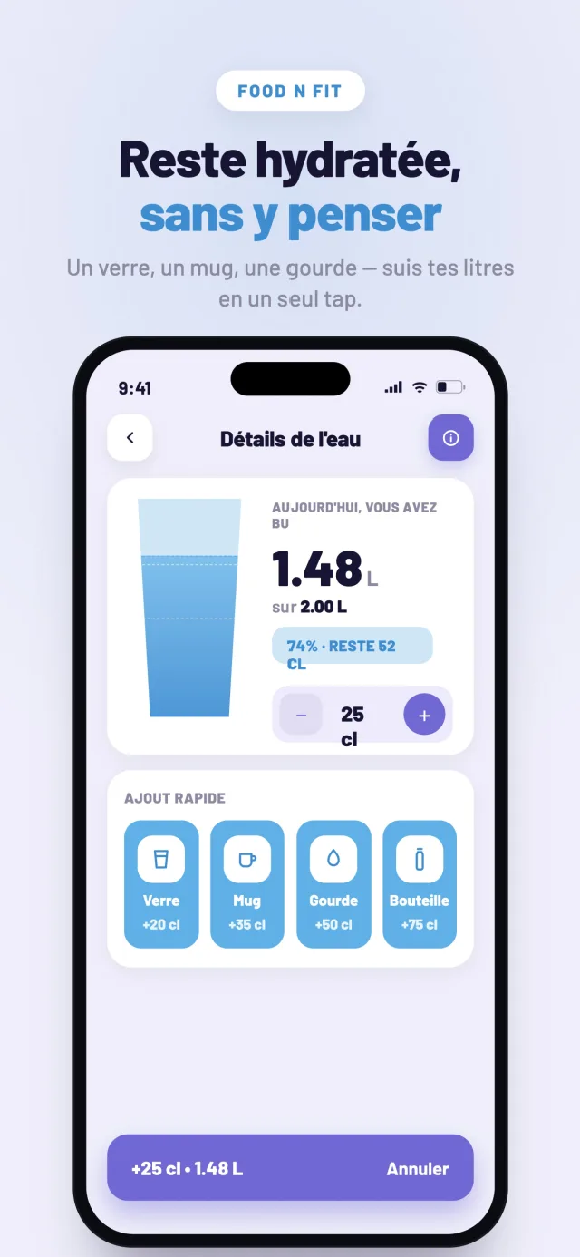Reste hydratée sans y penser — suivi de l'eau