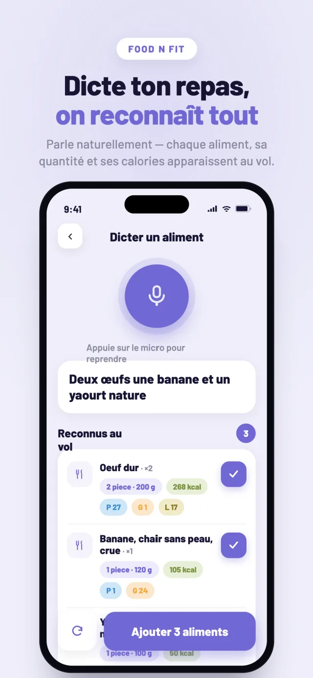 Dicte ton repas, on reconnaît tout — écran de dictée vocale